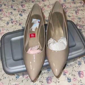 New taupe patent leather wedge pump